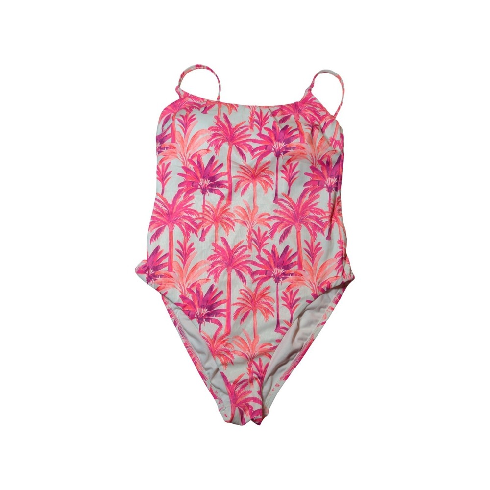 ⭐D5 Women's Textured Palm Print High Leg Cheeky Swimsuit Pink Shade & Shore - L